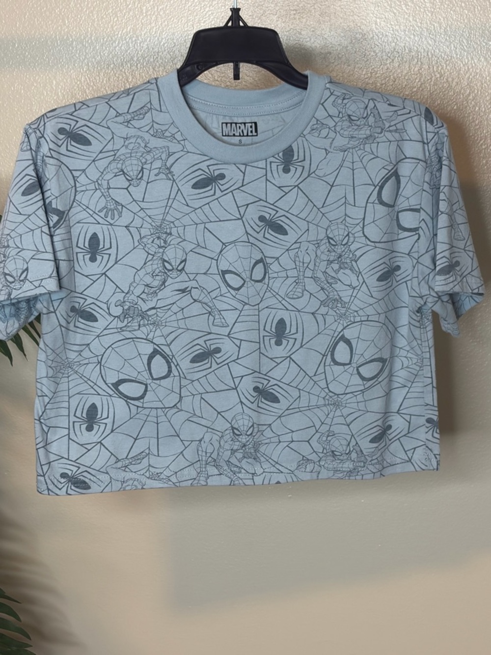 Marvel Spider Man Cropped T Shirt Blue Graphic Tee Y2K Comic Print Size Small